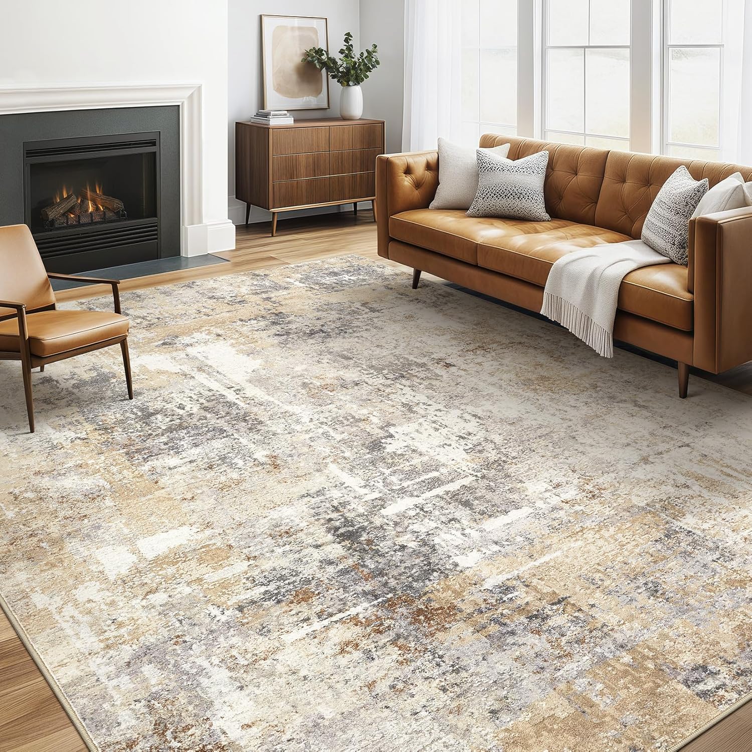 Area Rug Living Room Rugs: 5×7 Washable Large Abstract Modern Soft Stain Resistant Indoor Floor Non Slip Accent Carpet for Bedroom Nursery Playroom Dining Room Office Dorm Home House- Gray Gold
