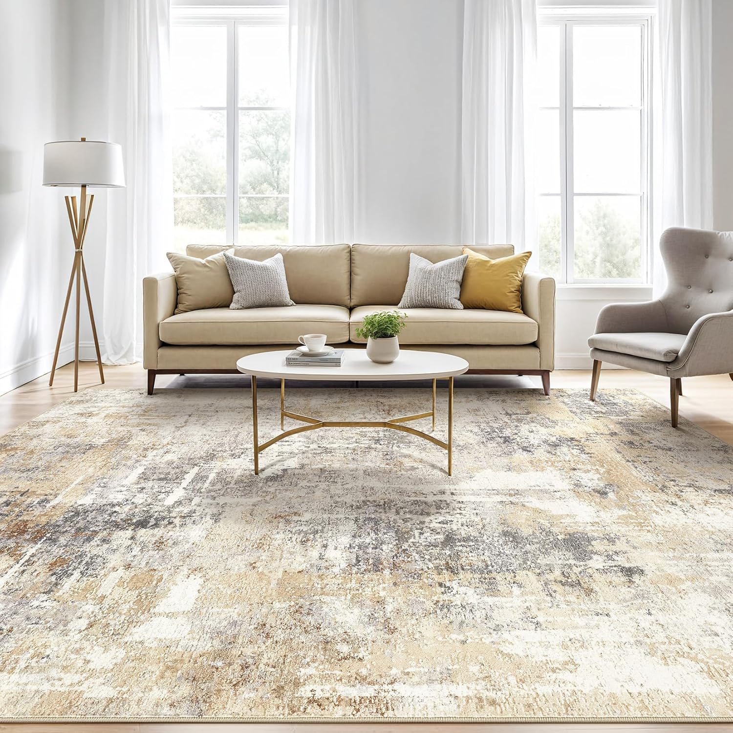 Area Rug Living Room Rugs: 5x7 Washable Large Abstract Modern Soft Stain Resistant Indoor Floor Non Slip Accent Carpet for Bedroom Nursery Playroom Dining Room Office Dorm Home House- Gray Gold - Image 5