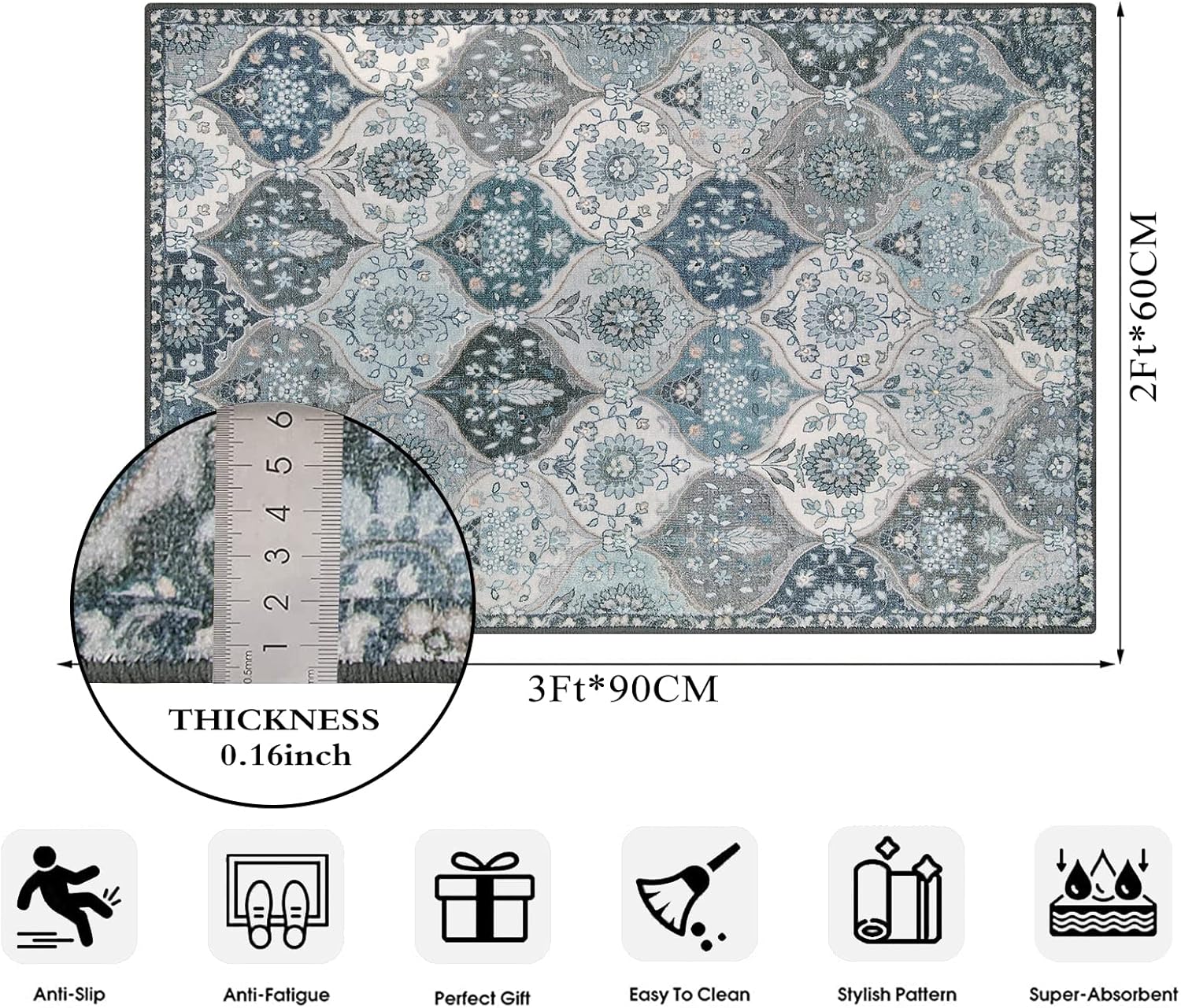 Lahome Moroccan Trellis Front Door Mat Indoor Entrance, 2x3 Rugs for Entryway Non-Slip Washable Indoor Door Mat, Oriental Accent Small Rug for Kitchen Bedroom Bathroom, Blue - Image 2