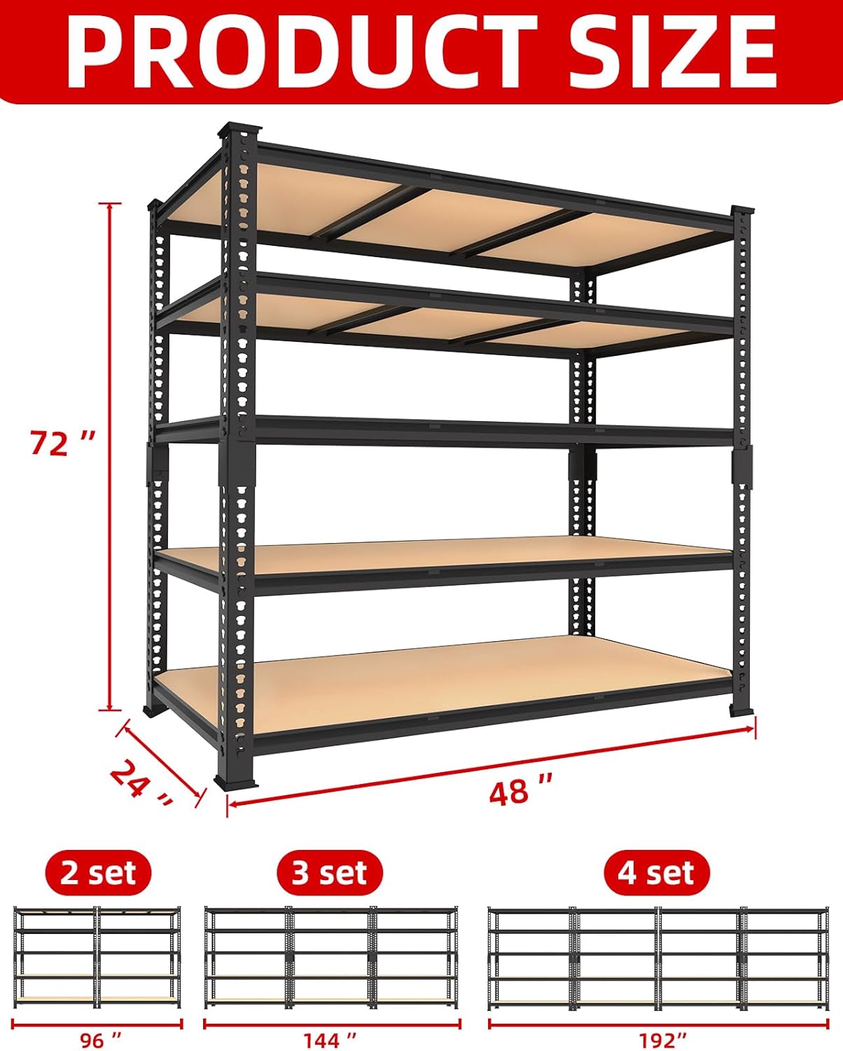 PrimeZone Heavy Duty Garage Storage Shelves - 48" W X 24" D X 72" H Adjustable Metal Shelving Unit, 5 Tier Industrial Shelves for Storage Standing Utility Rack for Warehouse, Pantry, Basement, Black - Image 3