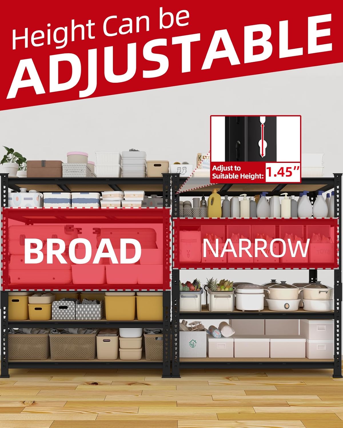 PrimeZone Heavy Duty Garage Storage Shelves - 48" W X 24" D X 72" H Adjustable Metal Shelving Unit, 5 Tier Industrial Shelves for Storage Standing Utility Rack for Warehouse, Pantry, Basement, Black - Image 5