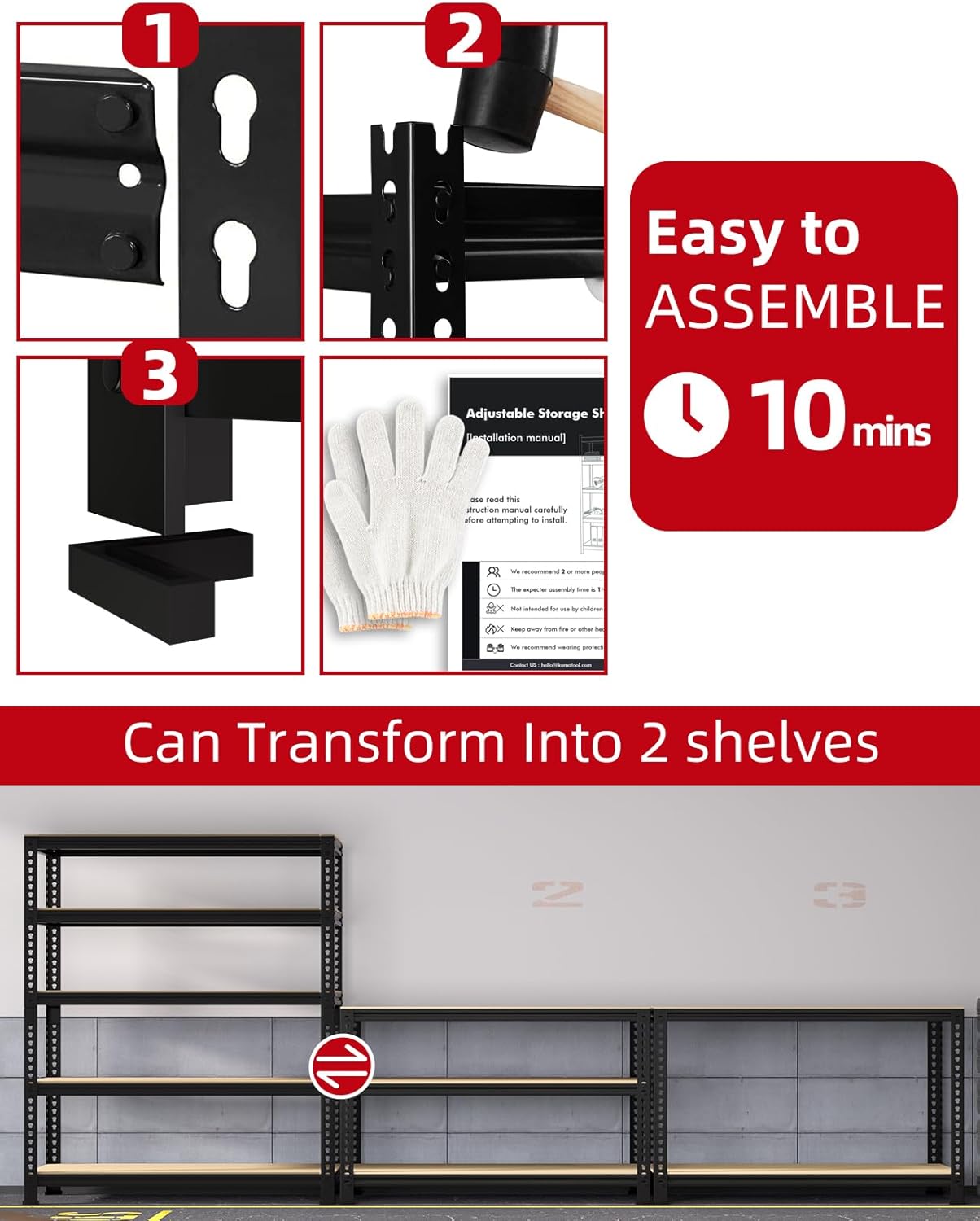 PrimeZone Heavy Duty Garage Storage Shelves - 48" W X 24" D X 72" H Adjustable Metal Shelving Unit, 5 Tier Industrial Shelves for Storage Standing Utility Rack for Warehouse, Pantry, Basement, Black - Image 8