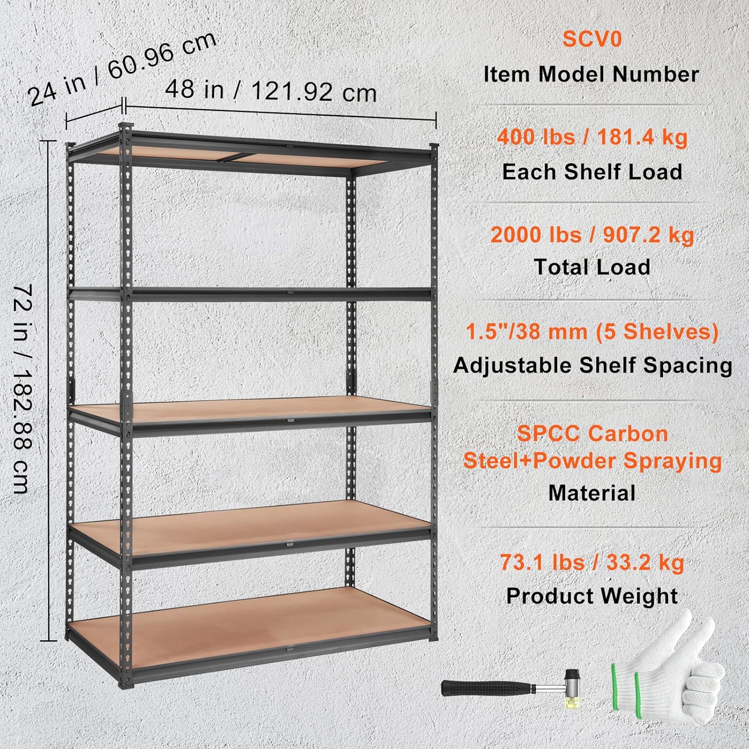 VEVOR Storage Shelving Unit, 5-Tier Adjustable Storage Shelves, 48" L x 24" W x 72" H Heavy Duty Garage Storage Shelves, Metal Shelves for Kitchen Pantry Basement Bathroom Laundry - Image 8