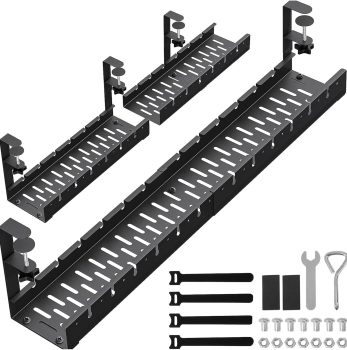 WIGAKDRU 31Inch Extendable Under Desk Cable Management Tray, Black Metal Cable Management Tray Under Desk Cord Management with Clamp, 31 Inch x 4.33 Inch